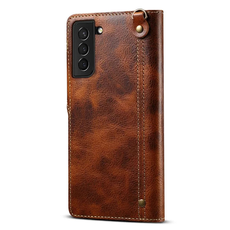 Para Samsung Galaxy S23+ Oil Wax Texture Phone Wallet Case Magnetic Button Closure Genuine Leather Folio Flip Cover with Strap - Marrom