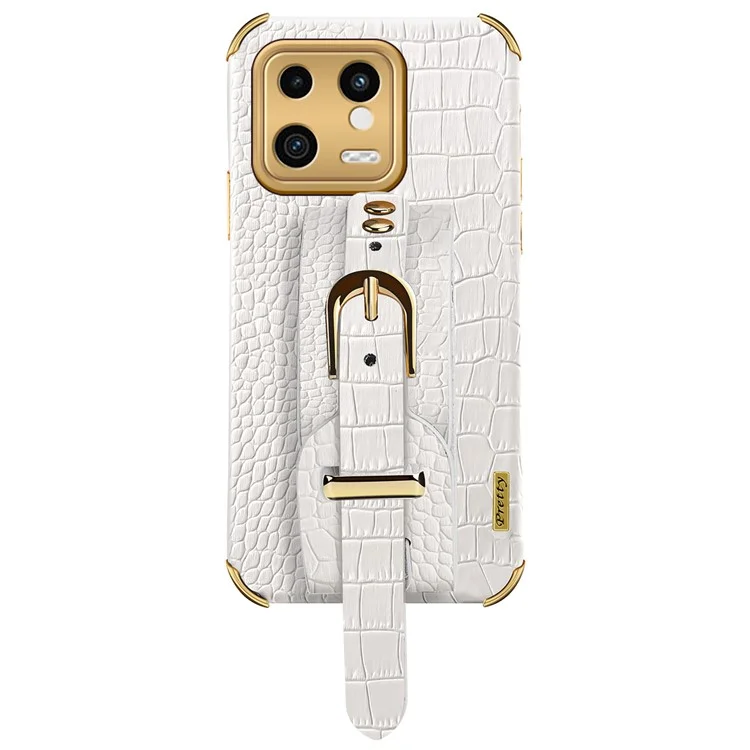 For Xiaomi 13 5G Electroplating Crocodile Texture PU Leather Coated PC+TPU Case Hand Strap Kickstand Design Shockproof Protective Cover - White