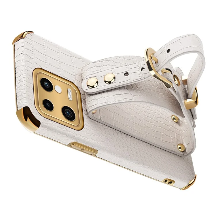For Xiaomi 13 5G Electroplating Crocodile Texture PU Leather Coated PC+TPU Case Hand Strap Kickstand Design Shockproof Protective Cover - White