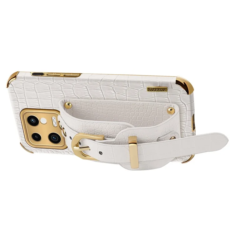 For Xiaomi 13 5G Electroplating Crocodile Texture PU Leather Coated PC+TPU Case Hand Strap Kickstand Design Shockproof Protective Cover - White