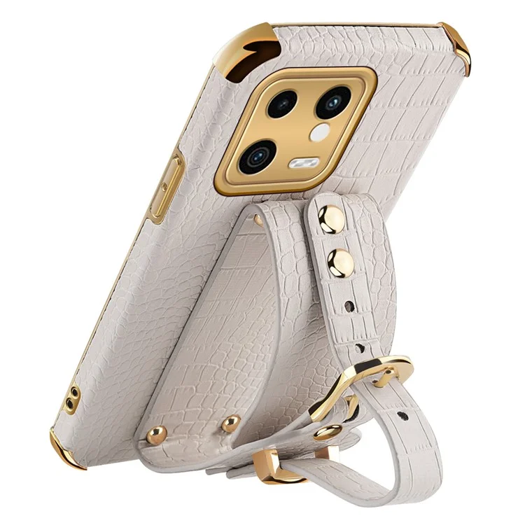 For Xiaomi 13 5G Electroplating Crocodile Texture PU Leather Coated PC+TPU Case Hand Strap Kickstand Design Shockproof Protective Cover - White