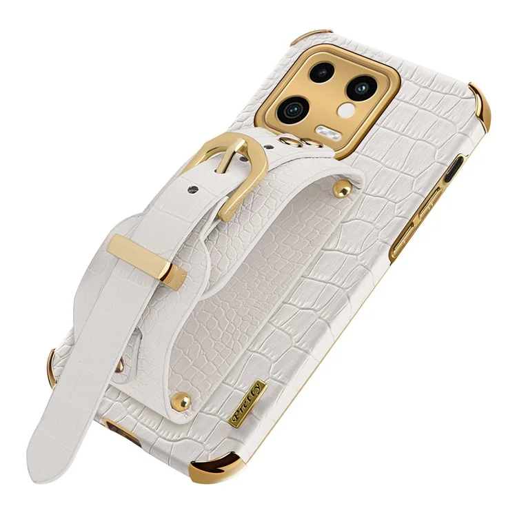 For Xiaomi 13 5G Electroplating Crocodile Texture PU Leather Coated PC+TPU Case Hand Strap Kickstand Design Shockproof Protective Cover - White