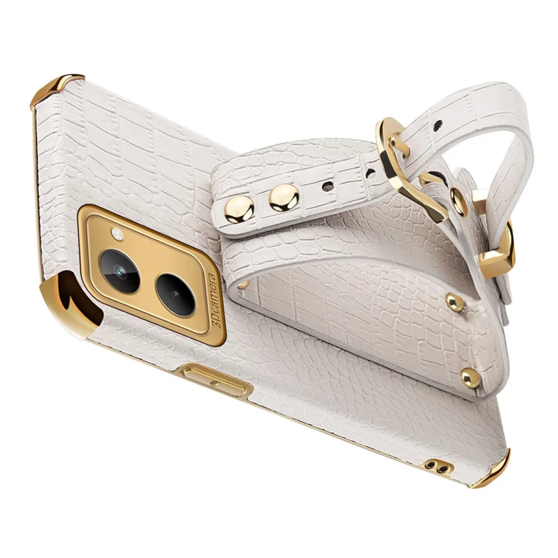 For Realme 10 4G Electroplating Anti-scratch Crocodile Texture PU Leather Coated PC+TPU Case Hand Strap Kickstand Design Protective Cover - White