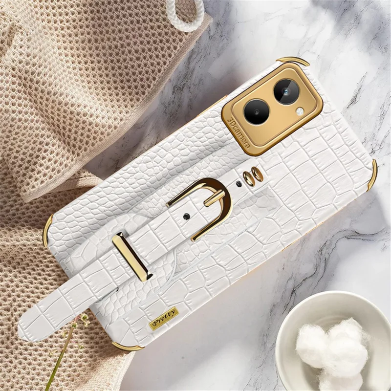 For Realme 10 4G Electroplating Anti-scratch Crocodile Texture PU Leather Coated PC+TPU Case Hand Strap Kickstand Design Protective Cover - White