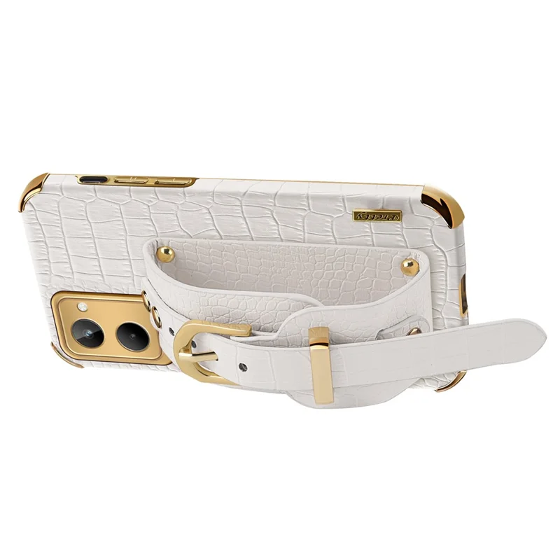 For Realme 10 4G Electroplating Anti-scratch Crocodile Texture PU Leather Coated PC+TPU Case Hand Strap Kickstand Design Protective Cover - White