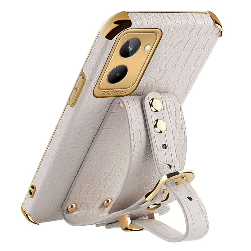 For Realme 10 4G Electroplating Anti-scratch Crocodile Texture PU Leather Coated PC+TPU Case Hand Strap Kickstand Design Protective Cover - White