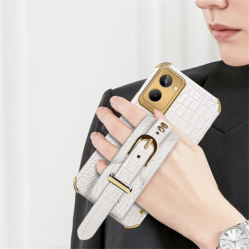 For Realme 10 4G Electroplating Anti-scratch Crocodile Texture PU Leather Coated PC+TPU Case Hand Strap Kickstand Design Protective Cover - White