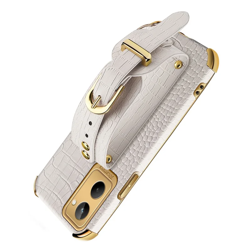 For Realme 10 4G Electroplating Anti-scratch Crocodile Texture PU Leather Coated PC+TPU Case Hand Strap Kickstand Design Protective Cover - White