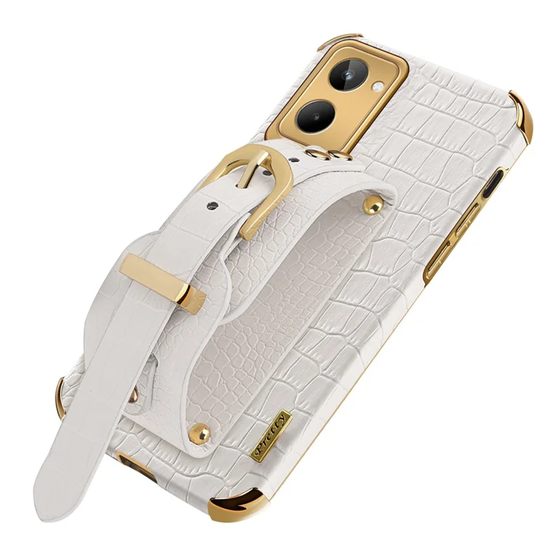 For Realme 10 4G Electroplating Anti-scratch Crocodile Texture PU Leather Coated PC+TPU Case Hand Strap Kickstand Design Protective Cover - White