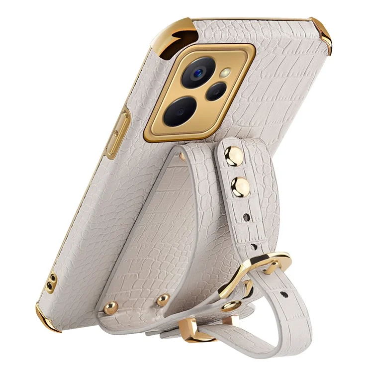 Pour le Royaume 10 5G / 9i 5G Strap Mande Kickstand Conception Electroplate de Crocodile Texture PU Couverture pc + Tpu Couverture de Protection de Case - Blanche