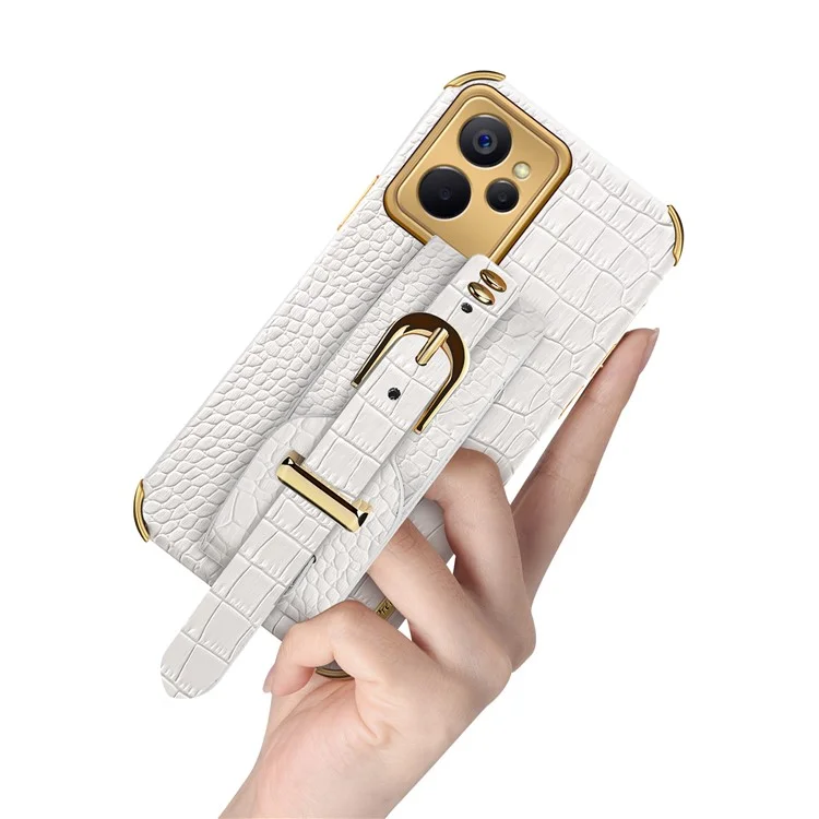 Pour le Royaume 10 5G / 9i 5G Strap Mande Kickstand Conception Electroplate de Crocodile Texture PU Couverture pc + Tpu Couverture de Protection de Case - Blanche