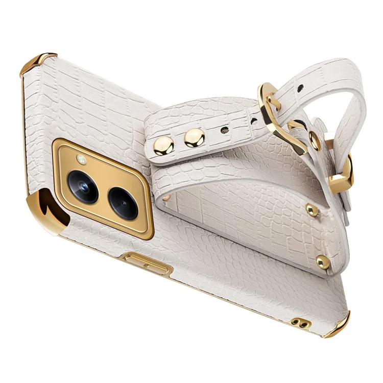 For Realme 10 Pro 5G Shock Absorbing Electroplating Crocodile Texture PU Leather Coated PC+TPU Case Hand Strap Kickstand Design Protective Cover - White