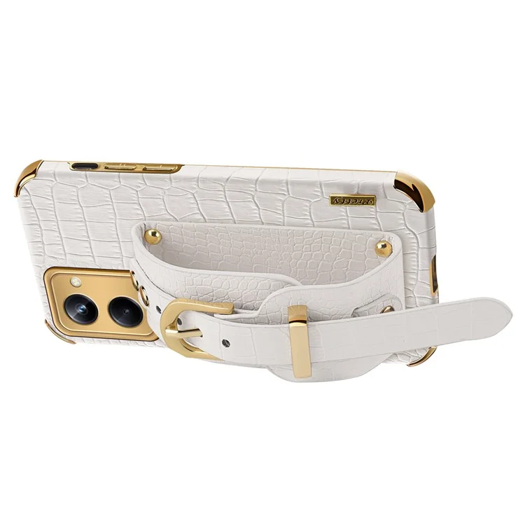 For Realme 10 Pro 5G Shock Absorbing Electroplating Crocodile Texture PU Leather Coated PC+TPU Case Hand Strap Kickstand Design Protective Cover - White