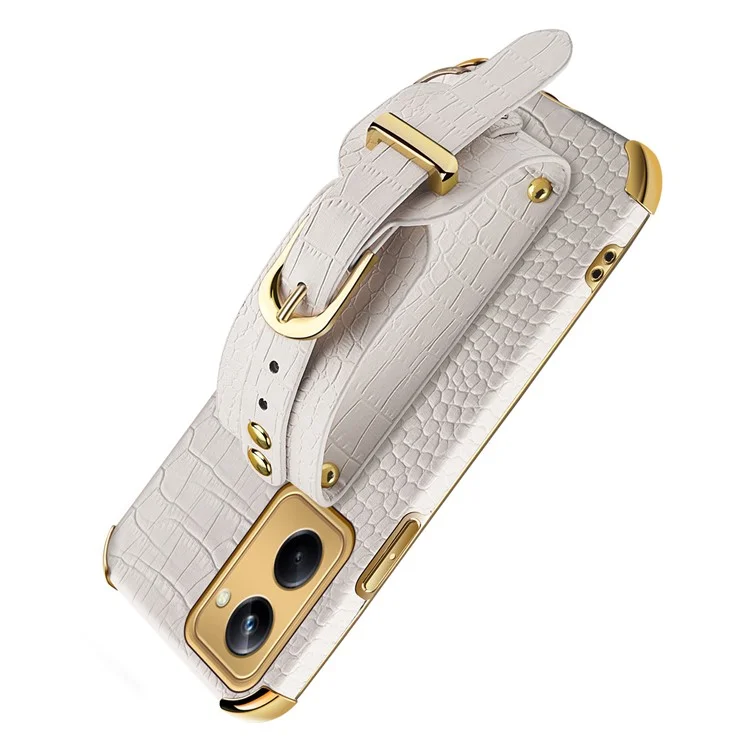 For Realme 10 Pro 5G Shock Absorbing Electroplating Crocodile Texture PU Leather Coated PC+TPU Case Hand Strap Kickstand Design Protective Cover - White