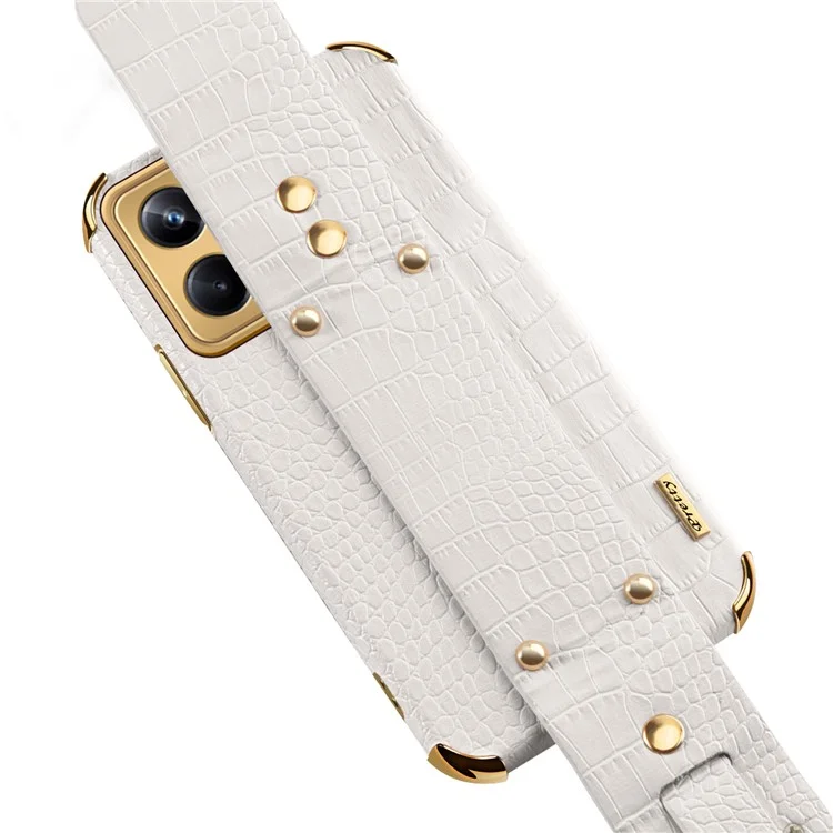 For Realme 10 Pro 5G Shock Absorbing Electroplating Crocodile Texture PU Leather Coated PC+TPU Case Hand Strap Kickstand Design Protective Cover - White