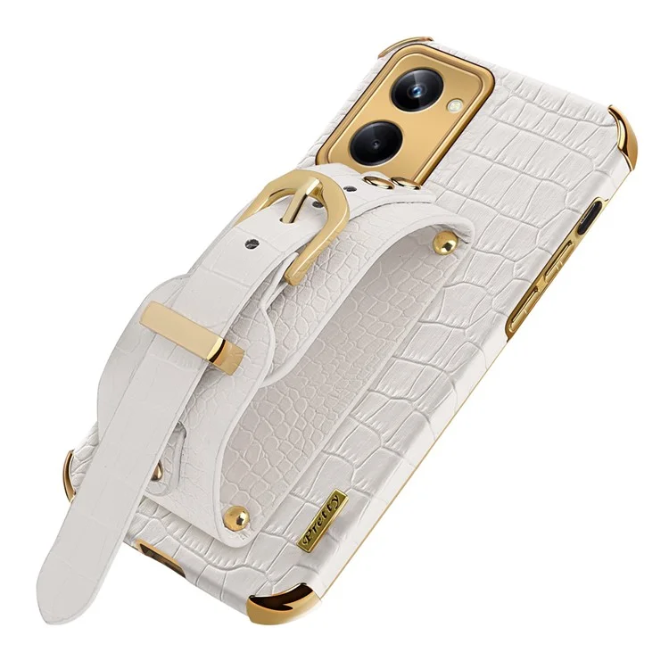For Realme 10 Pro 5G Shock Absorbing Electroplating Crocodile Texture PU Leather Coated PC+TPU Case Hand Strap Kickstand Design Protective Cover - White