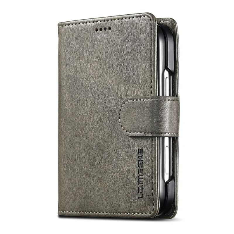 LC.IMEEKE para iPhone Funda Doble Textura de Cuero de Becerro Funda de Cuero PU - Gris