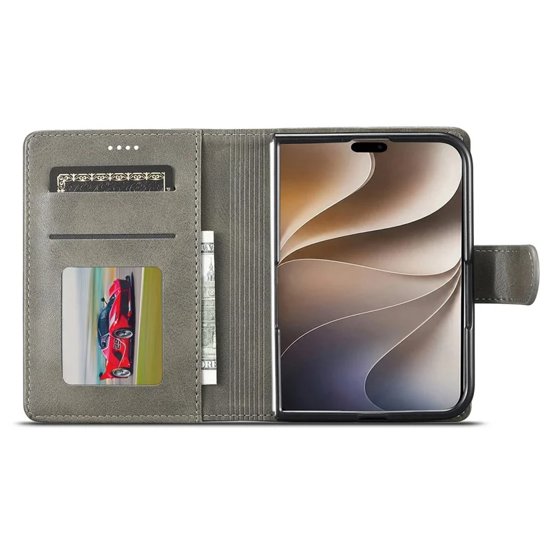 LC.IMEEKE para iPhone Funda Doble Textura de Cuero de Becerro Funda de Cuero PU - Gris
