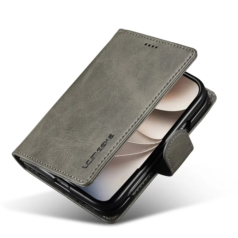 LC.IMEEKE para iPhone Funda Doble Textura de Cuero de Becerro Funda de Cuero PU - Gris