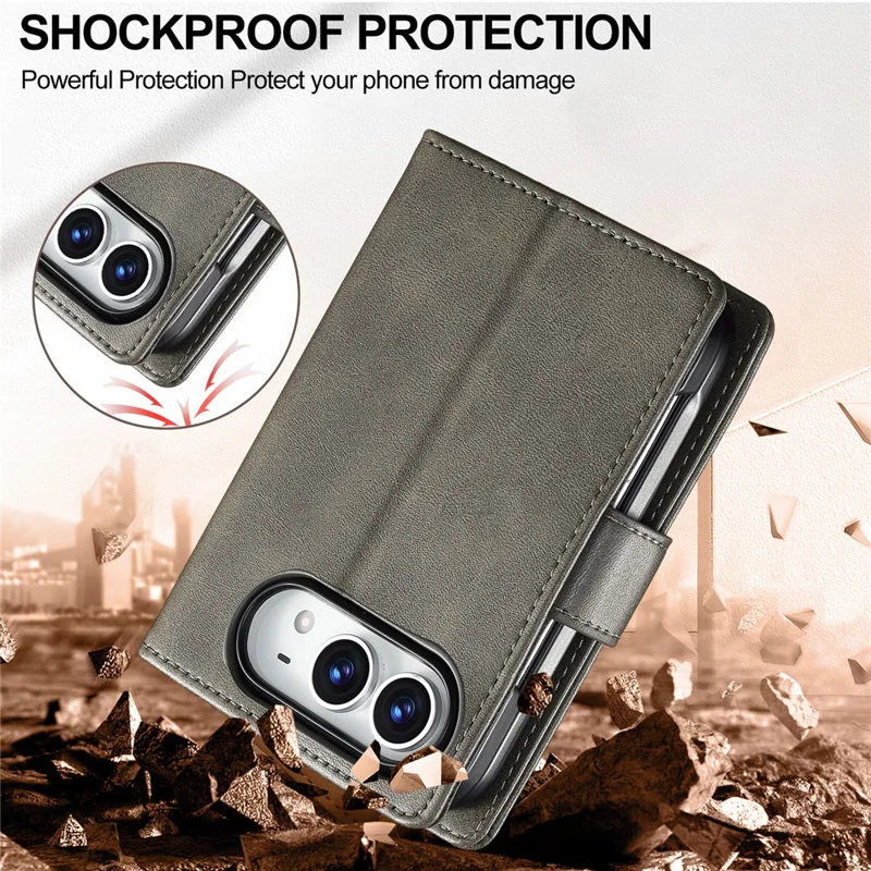 LC.IMEEKE para iPhone Funda Doble Textura de Cuero de Becerro Funda de Cuero PU - Gris