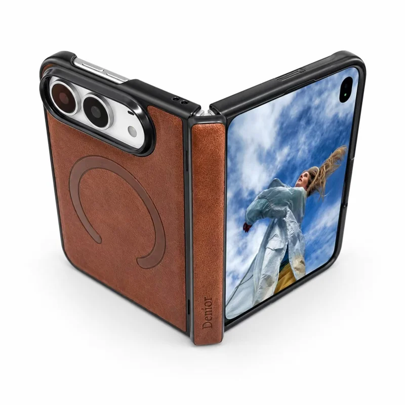 DENIOR For iPhone Duo Magnetic Case PU Leather + PC Hinge Protection Phone Back Cover - Brown