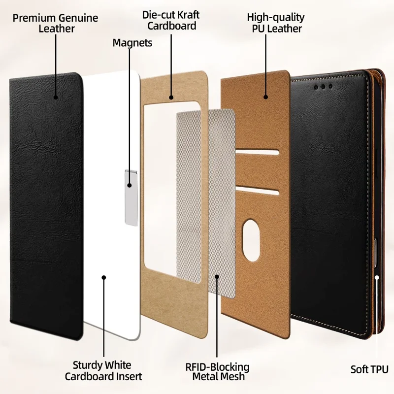 For iPhone 16 Case RFID Blocking Genuine Cow Leather Flip Wallet Phone Cover - Black