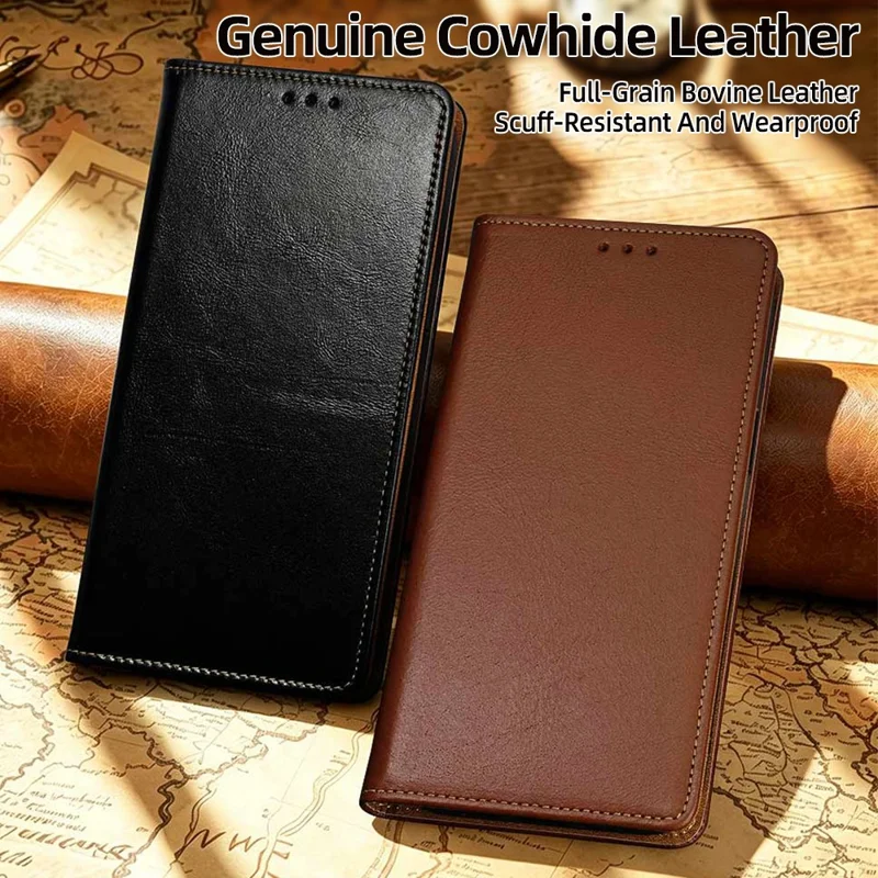 For iPhone 16 Plus Case RFID Blocking Genuine Cow Leather Flip Wallet Phone Cover - Black