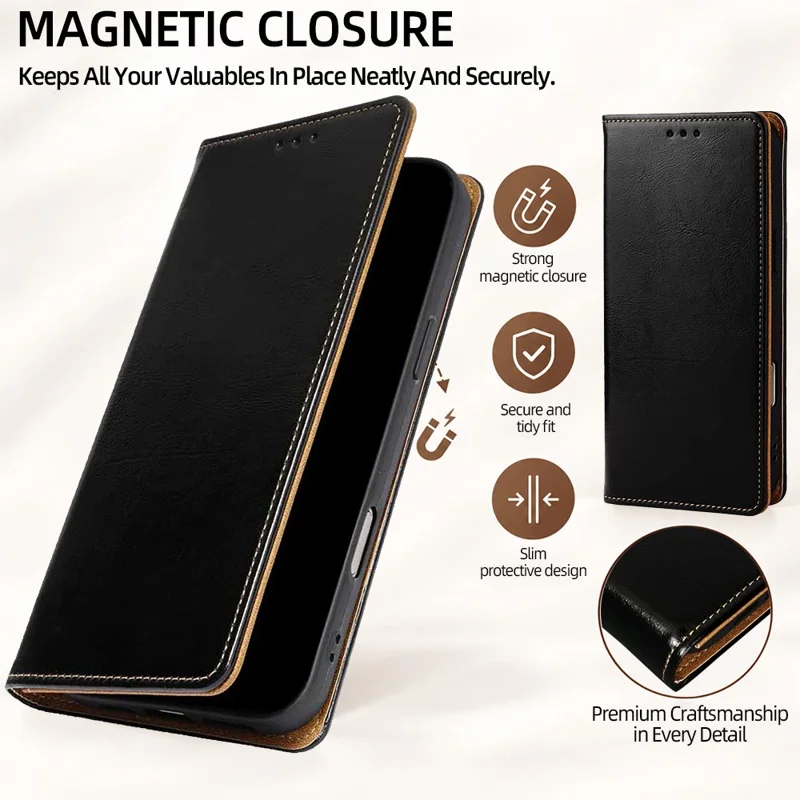 For iPhone 15 Plus Case RFID Blocking Genuine Cow Leather Flip Wallet Phone Cover - Black