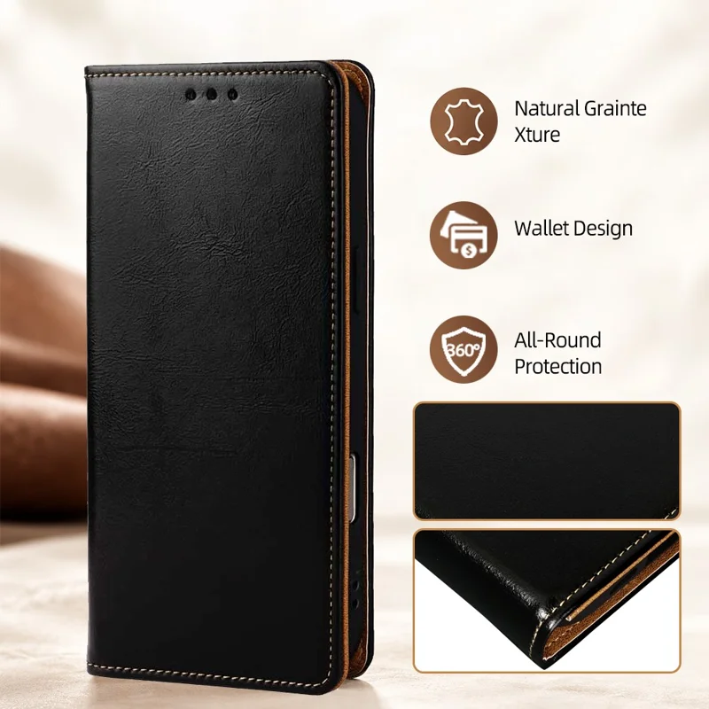 For iPhone 17 Case RFID Blocking Genuine Cow Leather Flip Wallet Phone Cover - Black