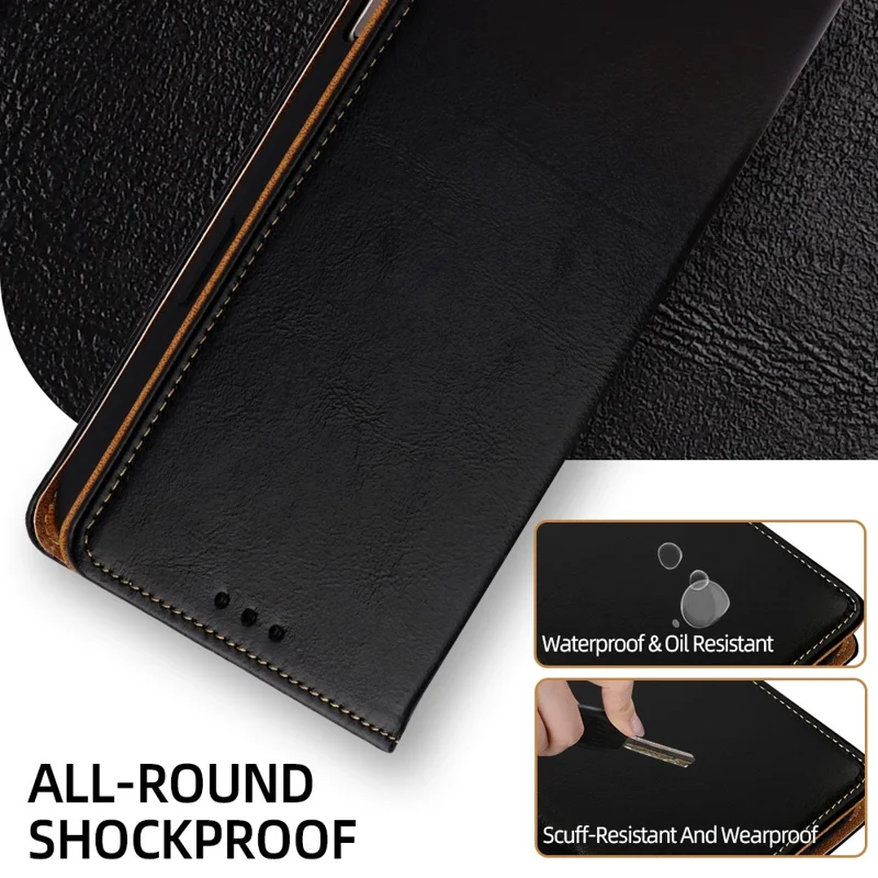 For iPhone 17 Case RFID Blocking Genuine Cow Leather Flip Wallet Phone Cover - Black