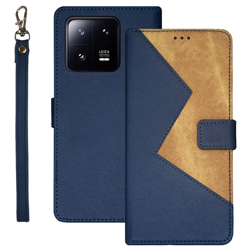IDEWEI For Xiaomi 13 5G Card Slots Phone Case Color Splicing PU Leather Magnetic Clasp Foldable Stand Cover with Wrist Strap - Blue