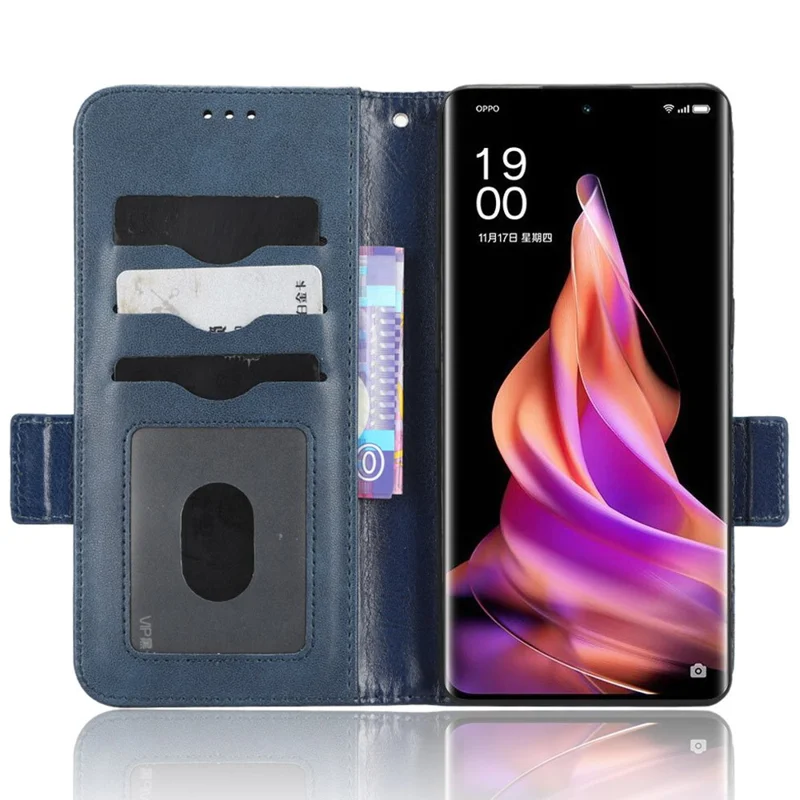 For Oppo Reno9 Pro+ 5G Imprinted Triangle Pattern PU Leather Protective Phone Cover Flip Wallet Stand Case with Hand Strap - Blue