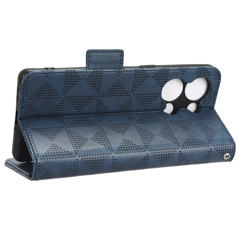 For Oppo Reno9 Pro+ 5G Imprinted Triangle Pattern PU Leather Protective Phone Cover Flip Wallet Stand Case with Hand Strap - Blue