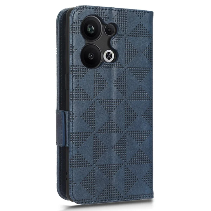 For Oppo Reno9 Pro+ 5G Imprinted Triangle Pattern PU Leather Protective Phone Cover Flip Wallet Stand Case with Hand Strap - Blue