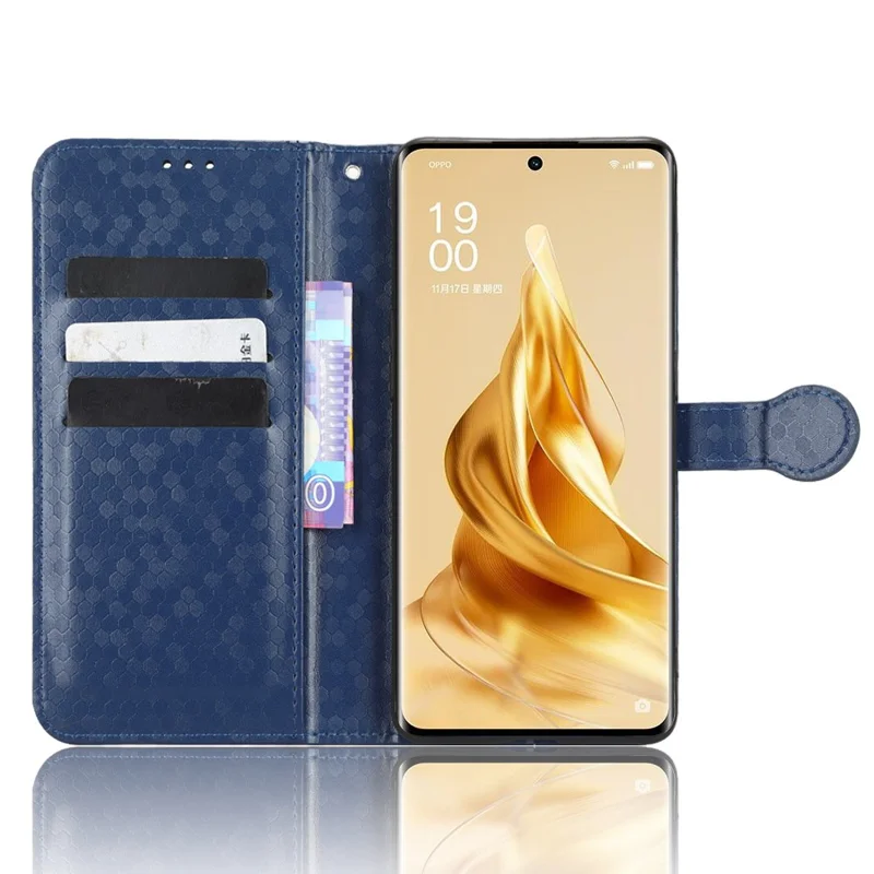 Dot Pattern Imprinted Phone Cover For Oppo Reno9 Pro 5G Anti-drop Protective PU Leather Phone Wallet Case Stand with Strap - Dark Blue
