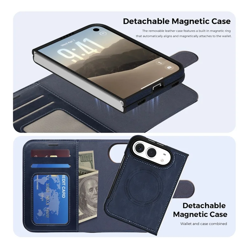 Cover Magnetica in Pelle per iPhone Duo, Portafoglio con Blocco RFID, Custodia Staccabile - Blu Zaffiro
