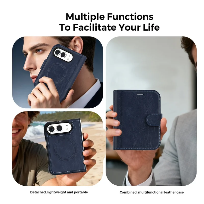 Cover Magnetica in Pelle per iPhone Duo, Portafoglio con Blocco RFID, Custodia Staccabile - Blu Zaffiro