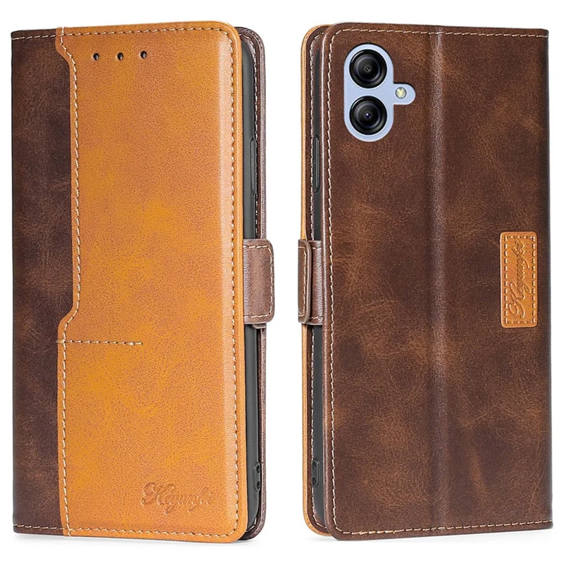Para Samsung Galaxy A04e 4G Color de Contraste PU Capa de Soporte de Cuero PU Cubierta de Protección de Caída Magnética Dual - Marron Oscuro / Oro