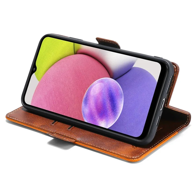 Para Samsung Galaxy A04e 4G Color de Contraste PU Capa de Soporte de Cuero PU Cubierta de Protección de Caída Magnética Dual - Marron Oscuro / Oro