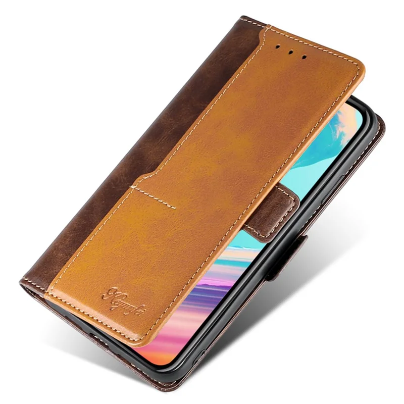 Para Samsung Galaxy A04e 4G Color de Contraste PU Capa de Soporte de Cuero PU Cubierta de Protección de Caída Magnética Dual - Marron Oscuro / Oro