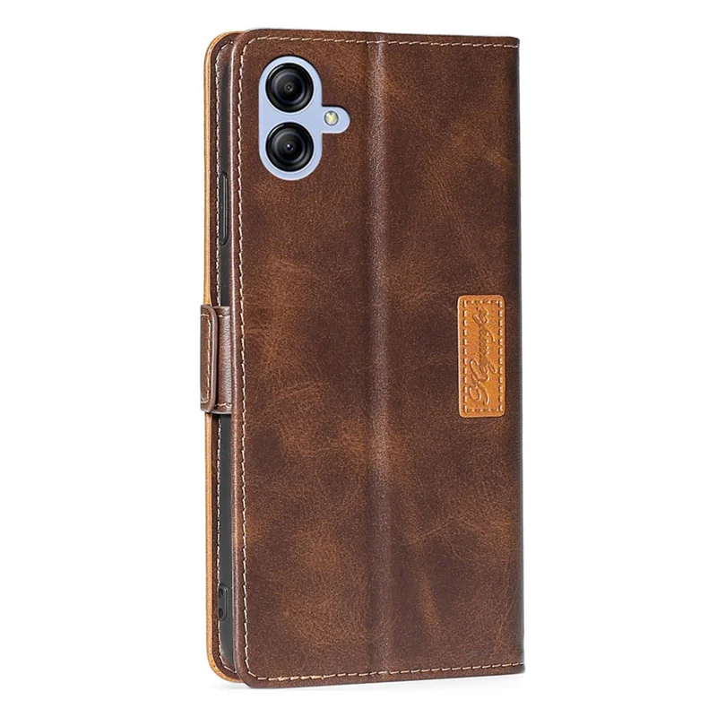 Para Samsung Galaxy A04e 4G Color de Contraste PU Capa de Soporte de Cuero PU Cubierta de Protección de Caída Magnética Dual - Marron Oscuro / Oro