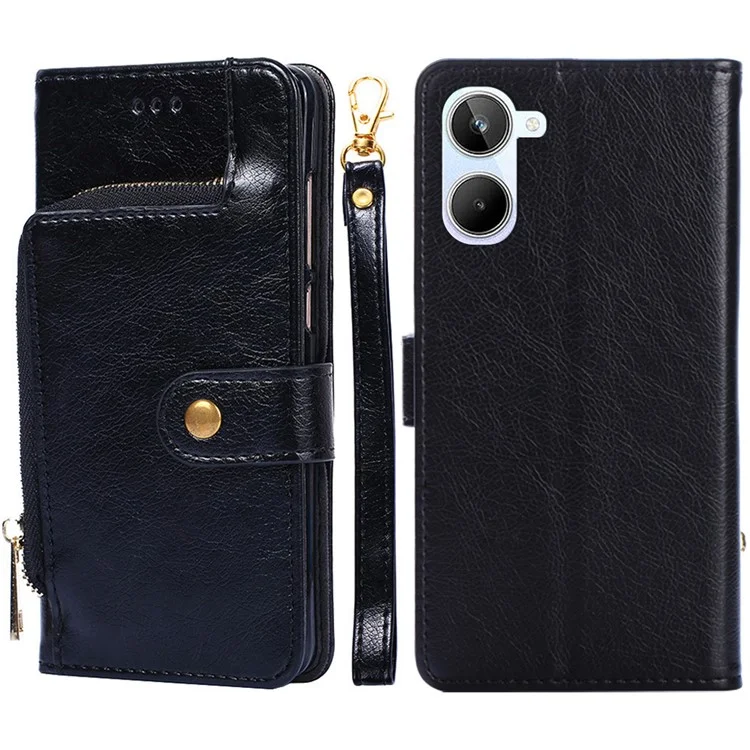 Для Realme 10 4G -zipper Pocket Cash Case Cute Leather Magnetic Clasp Cover Swellet с Удобным Ремнем - Черный