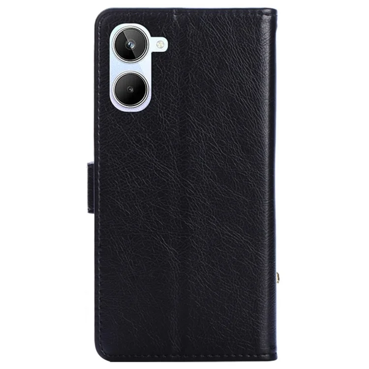 Для Realme 10 4G -zipper Pocket Cash Case Cute Leather Magnetic Clasp Cover Swellet с Удобным Ремнем - Черный