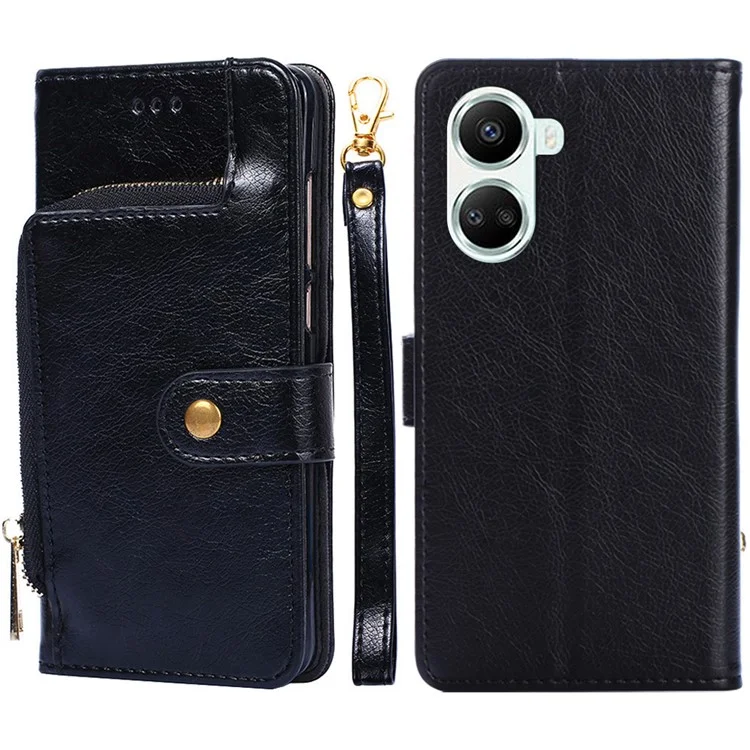 Para Huawei Nova 10 SE 4G Zipper Pocket Stand Caso PU Leather + TPU Carteira Tampa de Proteção Com Cinta Prática - Preto