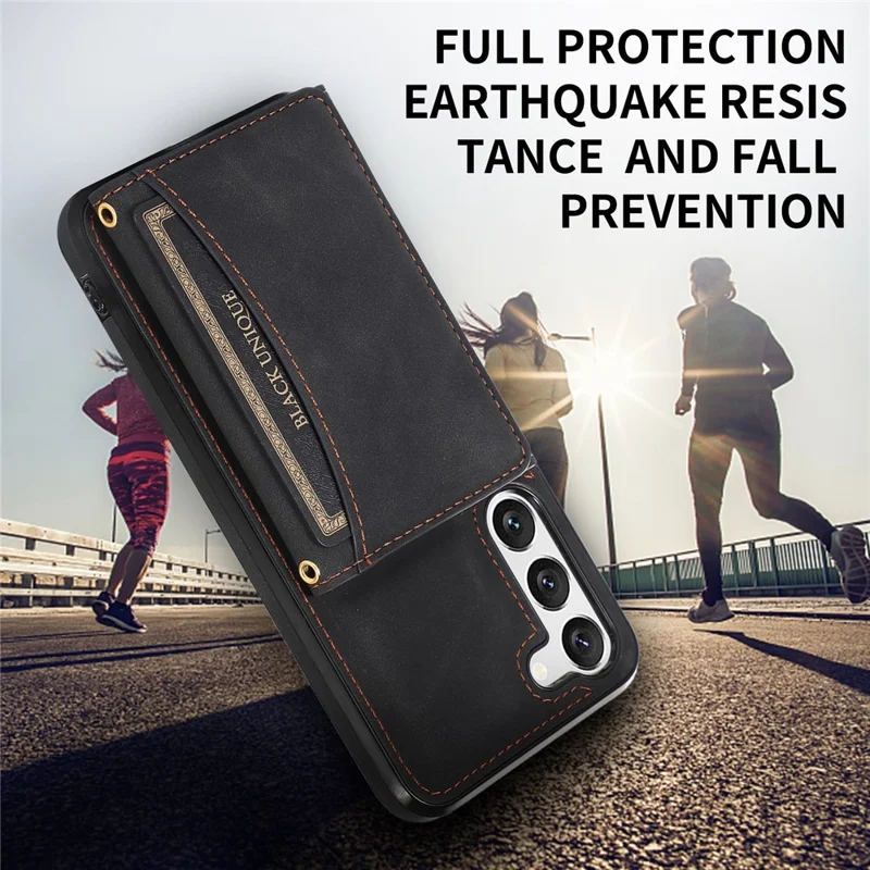 Tri-fold Wallet Leather Coated TPU Case for Samsung Galaxy S23, Kickstand Anti-scratch Protective Phone Cover - Black