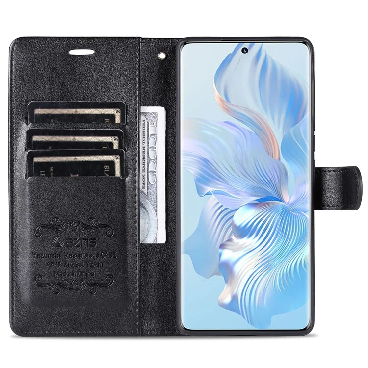 Case de Teléfono de Cuero PU Texturizado AZNS Para Honor 80 5G, Billetera Stand Magnetic Folio Folio Folio Cubierta a Prueba de Amortiguadores - Negro
