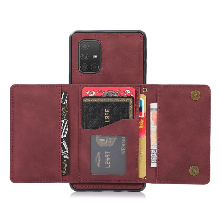 Für Samsung Galaxy A51 4G SM-A515 Magnetic Button Tri-fold Wallet Phone Case Kickstand PU Lederbeschichtete Tpu-abdeckung - Weinrot
