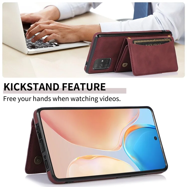 Für Samsung Galaxy A51 4G SM-A515 Magnetic Button Tri-fold Wallet Phone Case Kickstand PU Lederbeschichtete Tpu-abdeckung - Weinrot