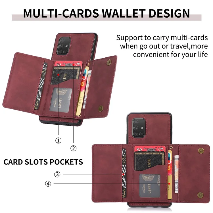 Für Samsung Galaxy A51 4G SM-A515 Magnetic Button Tri-fold Wallet Phone Case Kickstand PU Lederbeschichtete Tpu-abdeckung - Weinrot