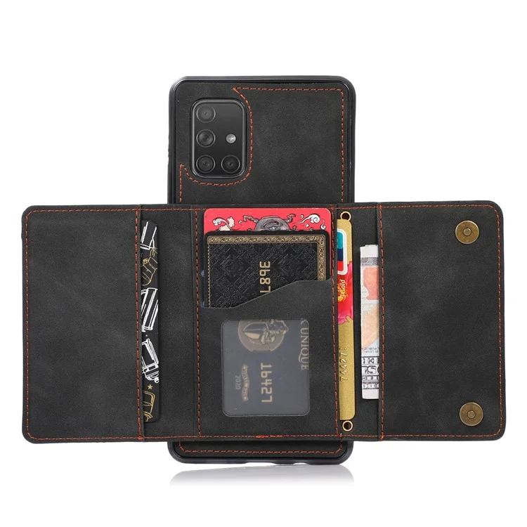 For Samsung Galaxy A51 5G SM-A516 Tri-fold Wallet Anti-scratch Phone Case PU Leather Coated TPU Kickstand Cover - Black
